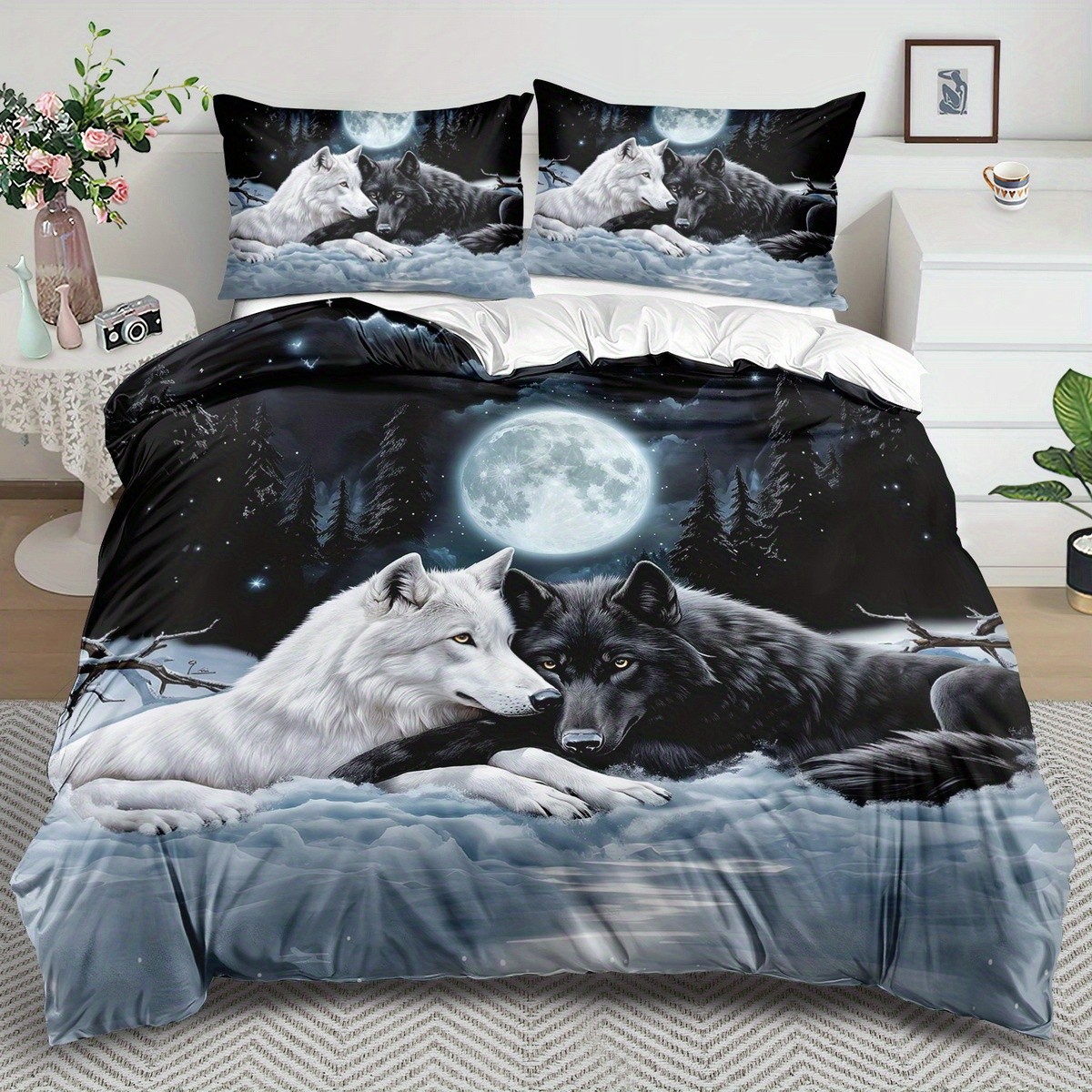 TEMU / JIT transfronterizo impresión digital abrasión edredón kit tridimensional animal lobo blanco estilo textil para el hogar dibujo puede hacer