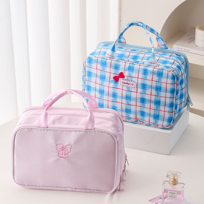[Duck Duck] Three-Layer Portable Satchel Bag Plaid Denim Large-Capacity Travel Cosmetic Bag Toiletry Bag