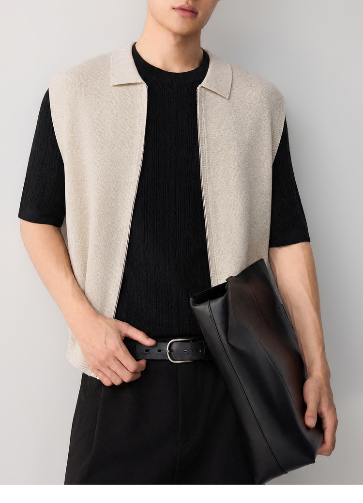 Áo gile len nam pha linen dáng cardigan khóa kéo phong cách công sở — đen chi tiết 20