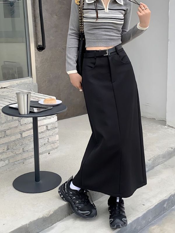 美式工装半身裙女春秋小个子西装半步裙高腰黑色开叉长裙子直销|undefined