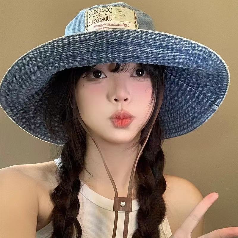 Vintage Washed Denim Bucket Hat For Women Japanese Style Patchwork_voghion.com