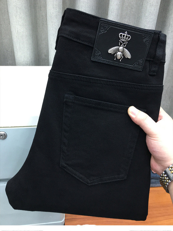 ハイエンドのファッションブランドの軽豪華な厚いタイプのジーパンの男性の黒色の修身のまっすぐな筒の弾力の潮流のカジュアルな百合の長いズボン|undefined
