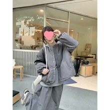 夹棉加厚长袖棉服外套卫衣女冬季新款半身长裙韩系时尚套装潮