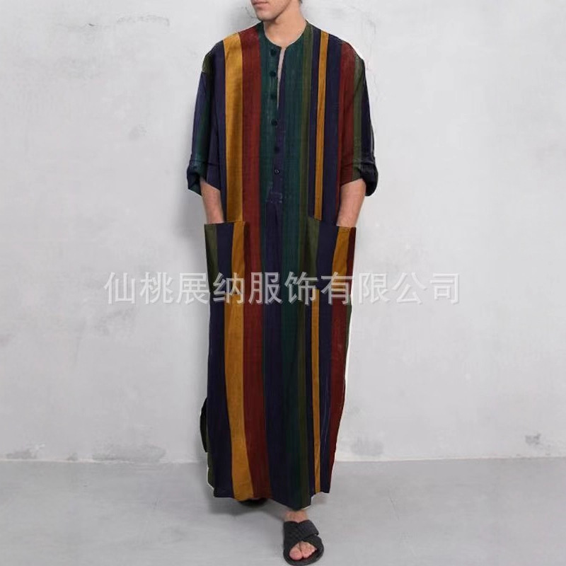 New Spring and Autumn Style Striped Tang Suit Loose Stand Collar One-Piece Hanfu Men's Shirt for Foreign Trade
