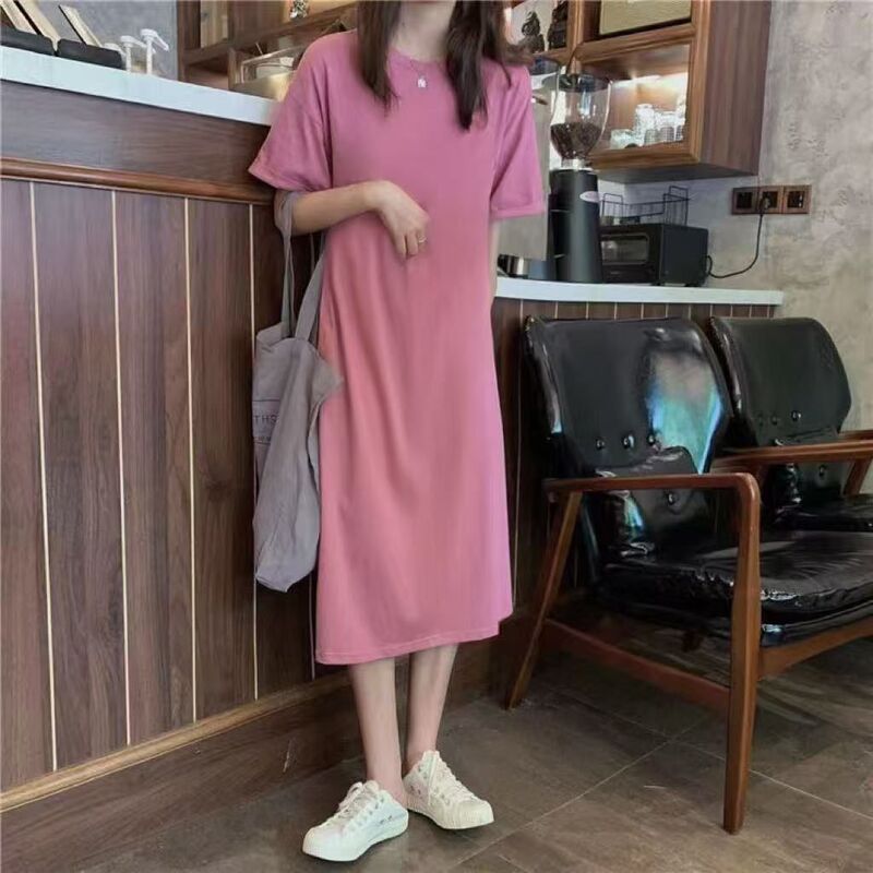 Plus Size Dress 2026 Spring and Summer New Korean Style Loose Slimming Simple Mid-Length Over-The-Knee Short-Sleeved T-Shirt for Women