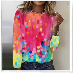 2024 Cross-Border New Women's Long-Sleeved Sweatshirt 3D Digital Printing Colorful Painting Loose Round Neck Long Sleeves