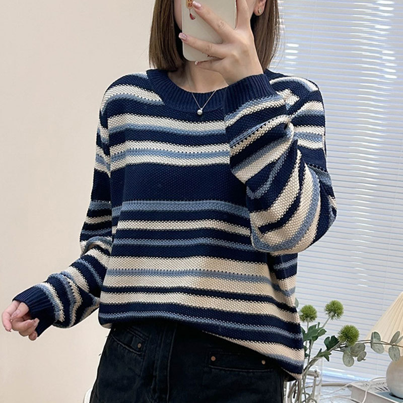韩版蓝色条纹针织衫女2025秋冬新款外搭长袖上衣大码宽松软糯毛衣|undefined