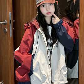 女童连帽拼色冲锋衣春秋防风防水外套中大童户外运动风夹克图片色