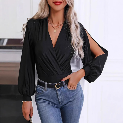 Elastic V-neck Plicated Cuff Hollow Bodycon Dress Long Sleeve Hollow Tight Women's Clothing