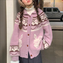 姜酱Jiang 甜美少女兔子粉色毛衣女冬慵懒风复古开衫针织外套