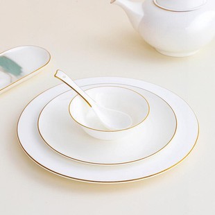 High-End Gold-Rimmed Bone China Star Hotel Tableware Set Plate Bowl Spoon Club Restaurant Three-Piece Set Logo