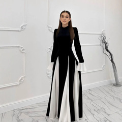 2024 Fall/Winter European & American Cross-Border Fashion Black-and-White Contrast-Color Elegant Ruffled-Edge Long-Sleeve Flared Dress LX0105
