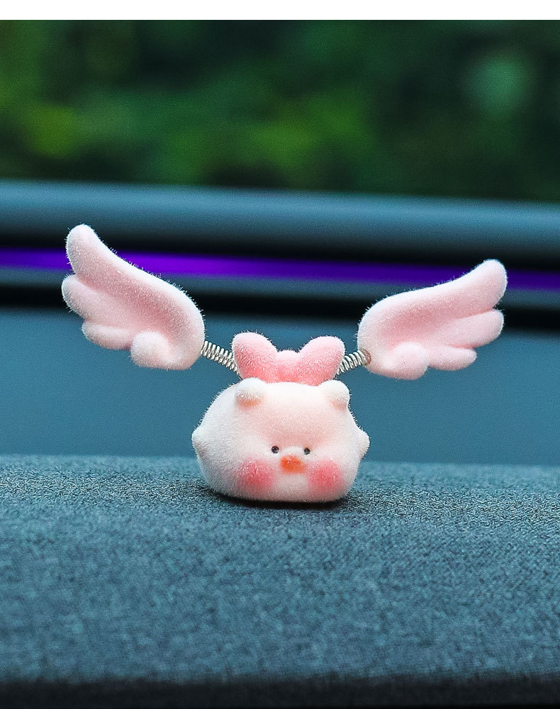 Flocked Little Flying Pig Car Screen Decoration with Spring-Loaded Angel Wings, Piggy Car Dashboard Display Decoration