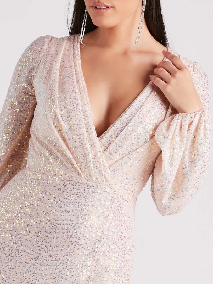 Vestido de Noche para Mujer, Estilo Europeo y Americano, Nuevo para Primavera y Verano, con Lentejuelas, Abertura Lateral, Manga Larga, para Damas de Honor de Boda