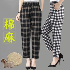 クリアランス綿9点パンツ女性用2025新作夏薄手ゆったりスリム女性パンツ中高年チェック柄大きいサイズカジュアルパンツ