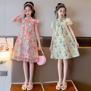 Trendy Girls' Summer Dress 2024 New Stylish Big Kids Children's Cheongsam Dress Retro Style