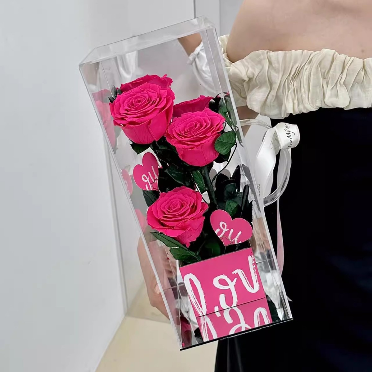 Día de San Valentín flores eternas rosas acrílicas cajas de regalo acabados adornos para la novia esposa regalos de flores reales
