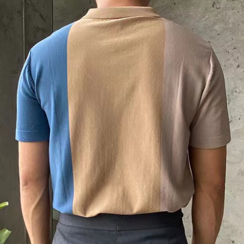 2024 New Men's Summer Contrast Spliced Men's Knitwear Short Sleeved Business Polo Shirt_voghion.com