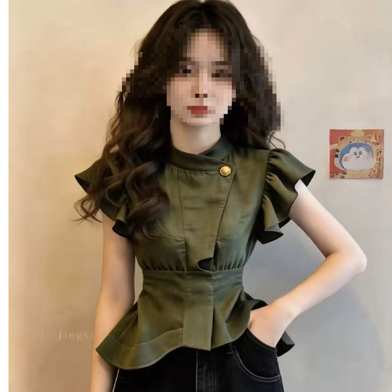 French-Style Design Buttoned Ruffle Shirt for Women, High-Waisted, Elegant, Workwear Style, Plus Size, Fashionable, Spring and Summer, Other French-Style Design Buttoned Ruffle Shirt for Women, High-Waisted, Elegant, Workwear Style, Plus Size, Fashionable, Spring and Summer, Other