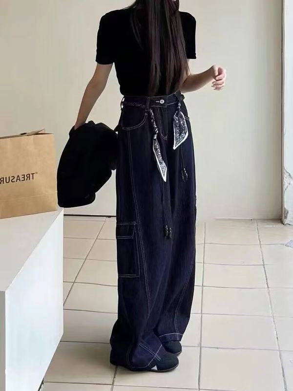 2025早秋新款复古辣妹风工装牛仔裤女高腰宽松显瘦直筒阔腿拖地裤|undefined