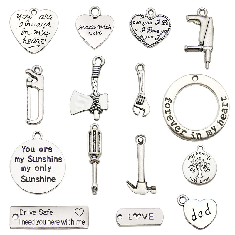 15 Styles of Xizang Silver English Letter Heart-Shaped Alloy Round Father's Day DIY Handmade Beaded Jewelry Pendant Necklace Tags