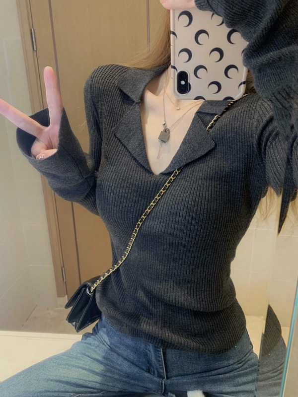 简漫妮小众设计感polo领上衣修身v领针织衫2024早秋打底衫女内搭|undefined
