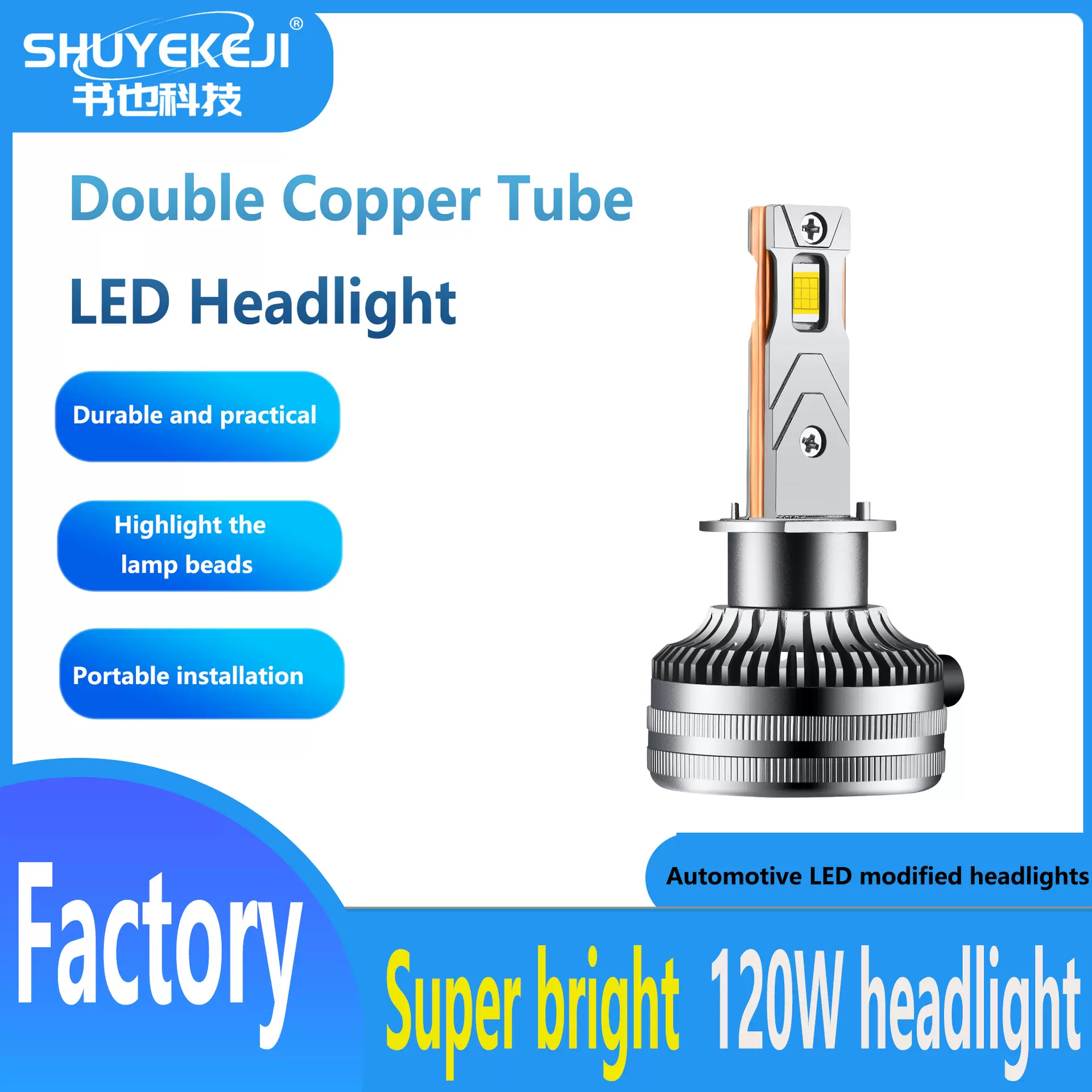 led汽车大灯批发货双铜管汽车LED远光灯近光灯H7H1大灯高亮前照灯