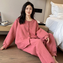 秋冬大码保暖睡衣女士圆领中等三层加厚绒家居服胖mm纯色长袖长裤