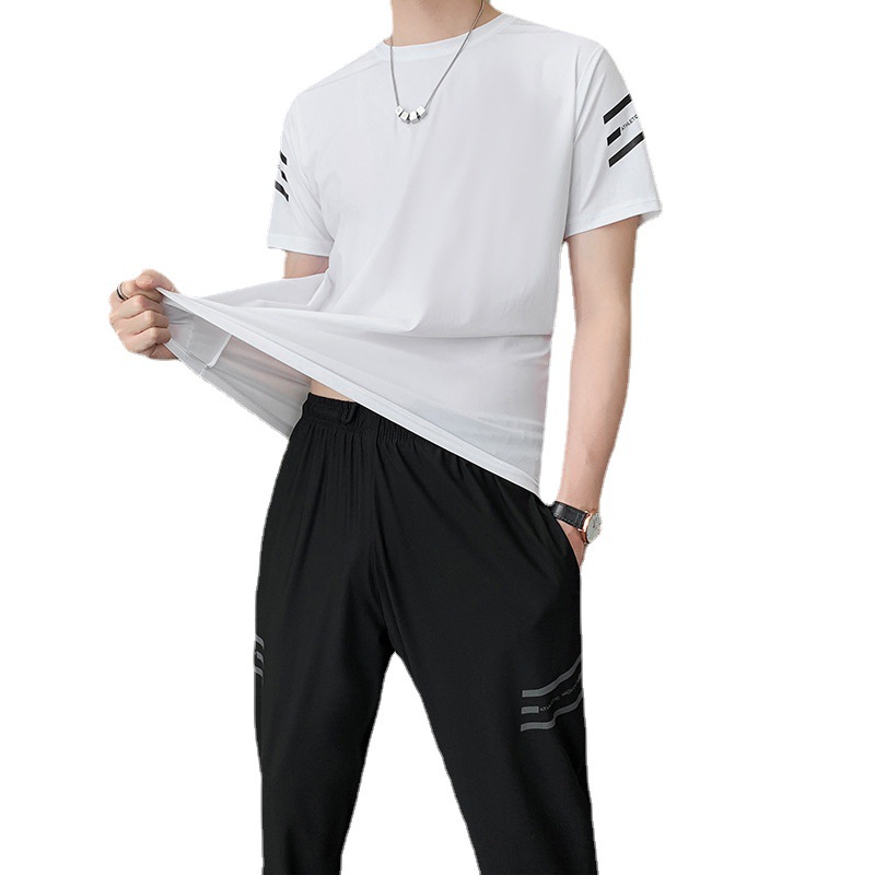 Verano traje de manga corta Camiseta deportiva de seda de hielo de los hombres con pantalones de secado rápido ins media manga camiseta casual traje de dos piezas