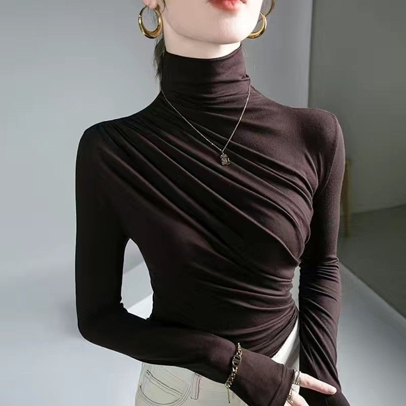 2025 Pleated Design High-Neck Bottoming Shirt Slim Fit Women's Autumn and Winter Inner Slimming Look Top