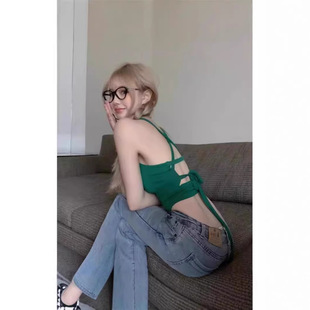 Backless Small Camisole Vest with Chest Pad Women's Summer Spice Girl Inner Wearing Outer Wearing Green Seaside Wearing Irregular Top