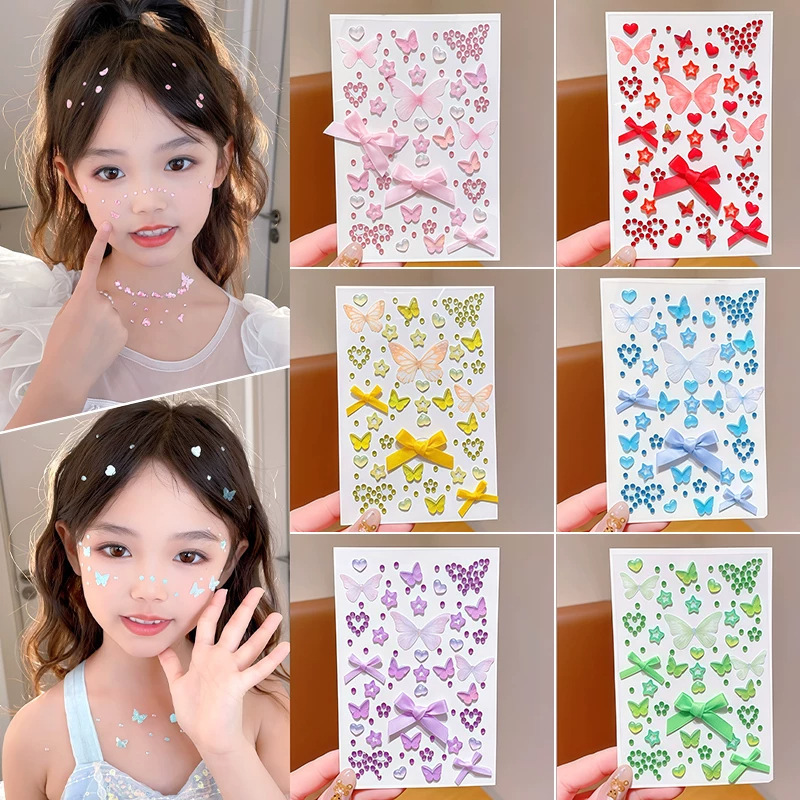 3D Stereo Waterproof Children's Makeup Stickers Butterfly Heart Cute Fresh Face Decoration Stickers for Girls Christmas