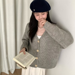 跨境新款初秋韩系慵懒简约针织开衫女显瘦短款宽松设计感毛衣外套