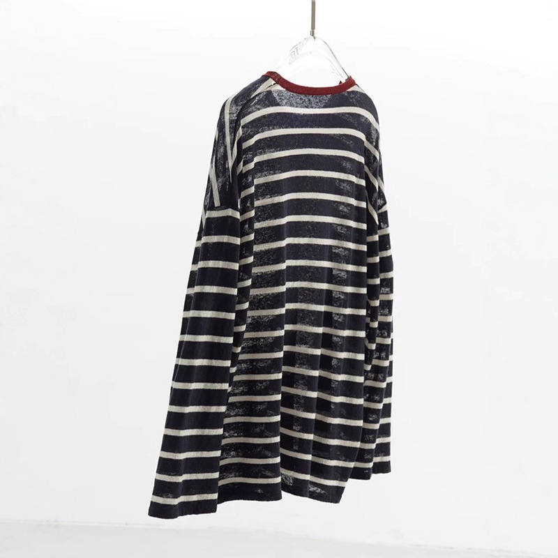 クラシックなストライプは時代を超越しています！リネン混紡プルオーバー長袖Tシャツレディースコントラストカラーカジュアルトップス春夏新作コットンとリネン|undefined