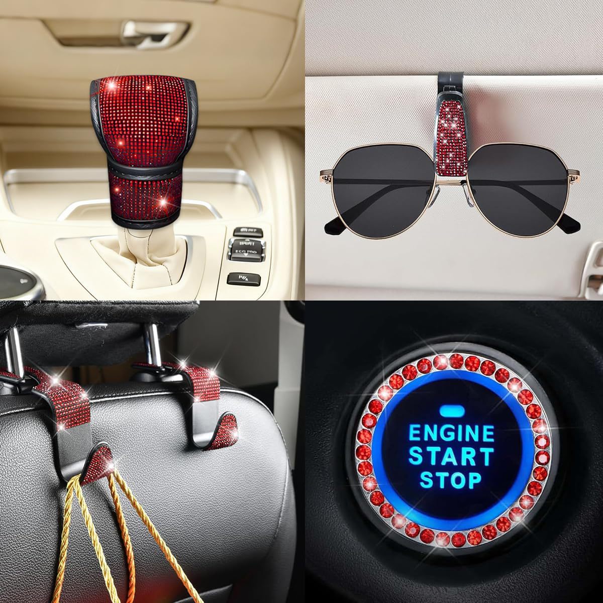 11-Piece Car Interior Set with Diamond-Encrusted Steering Wheel Cover, Car Hook, Glasses Holder, One-Touch Start Ring