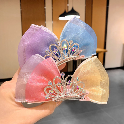 Children's Super Fairy Bow Hairpin Princess Crown Hairpin Cute Baby 3D Netting Headpiece Little Girl Hair Accessory 