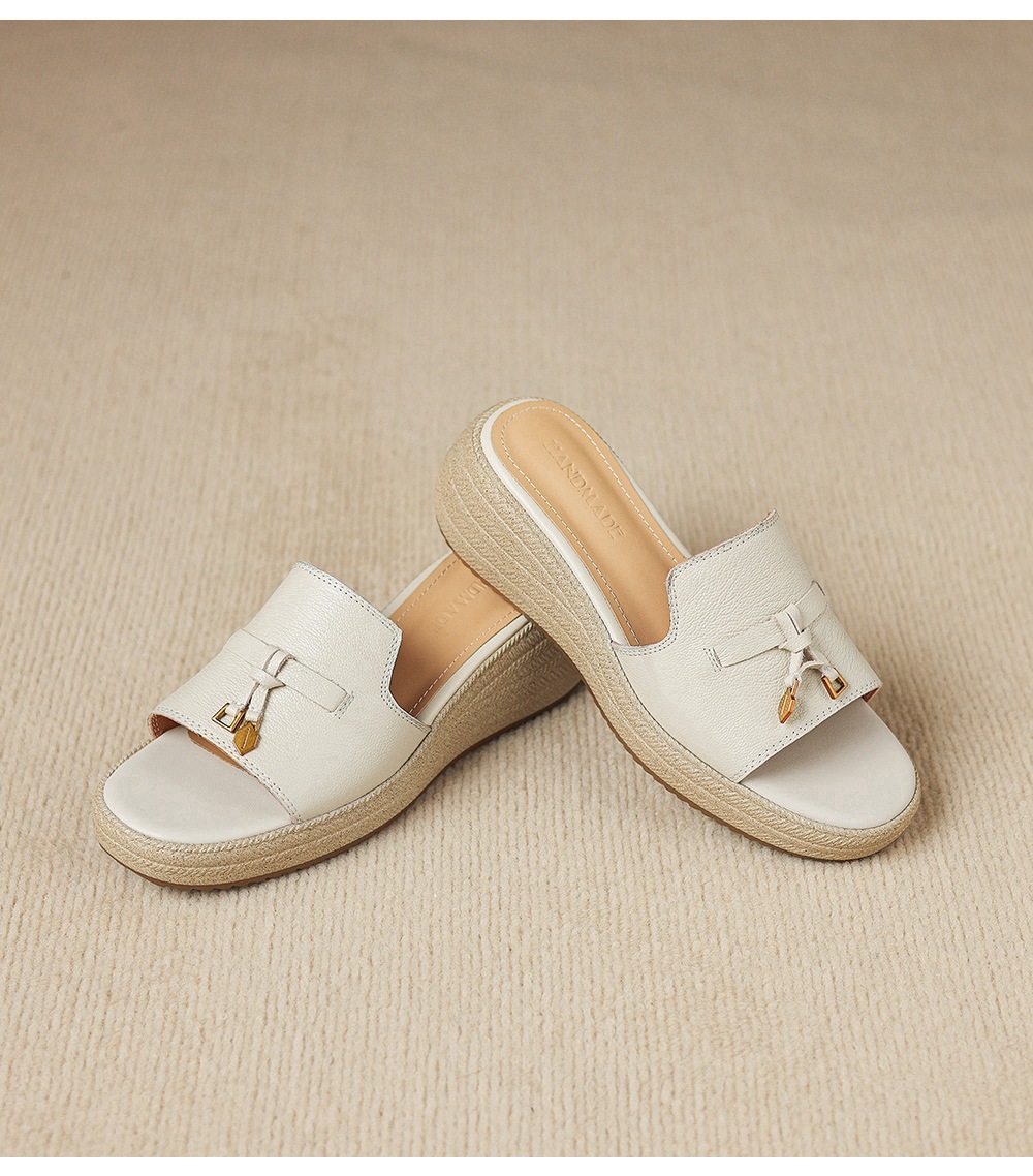 Dép sandal nữ xỏ ngón đế bệt da dê đế dày mùa hè — màu trắng ngà chi tiết 17