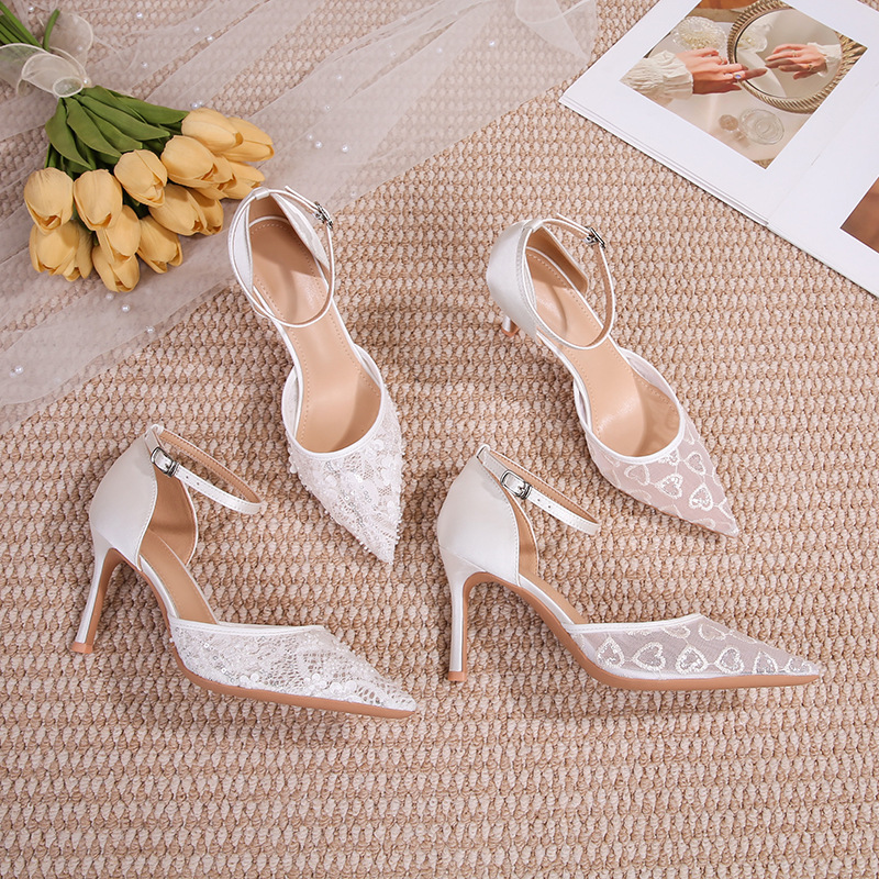 Wedding Shoes for Women 2026 New Model White Lace Mesh One-Strap Mid-Heel 8cm Comfortable Bride Shoes Exclusively for Cross-Border Sales