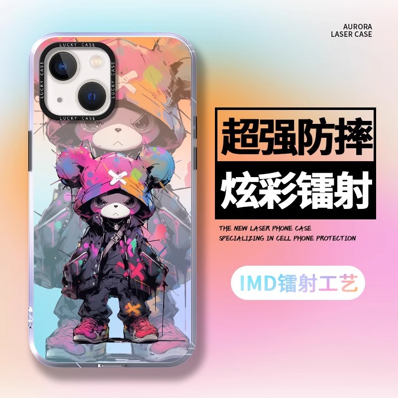 苹果15手机壳13pro保护套iphone12彩绘11max镭射暴力熊MD14plus