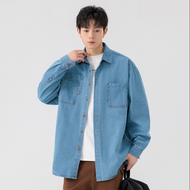 包邮工装美式感复古衬衣潮流ins牛仔衬衫男潮牌长袖春秋外套2025