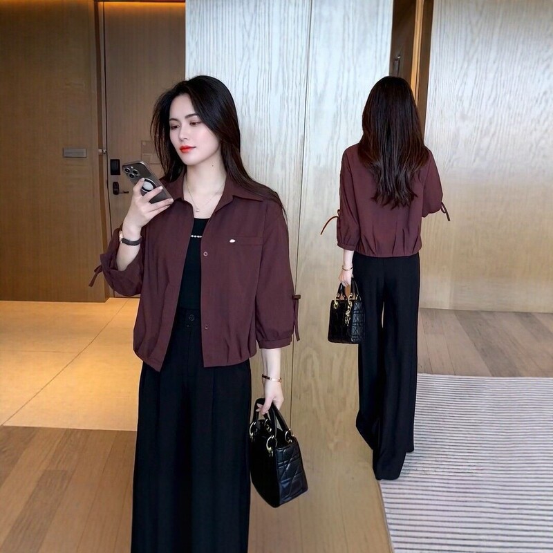 Stylish and versatile short-sleeved shirt for women, perfect for work or casual wear in spring and autumn. Features a loose fit, slimming design, and a tie-up sleeve detail