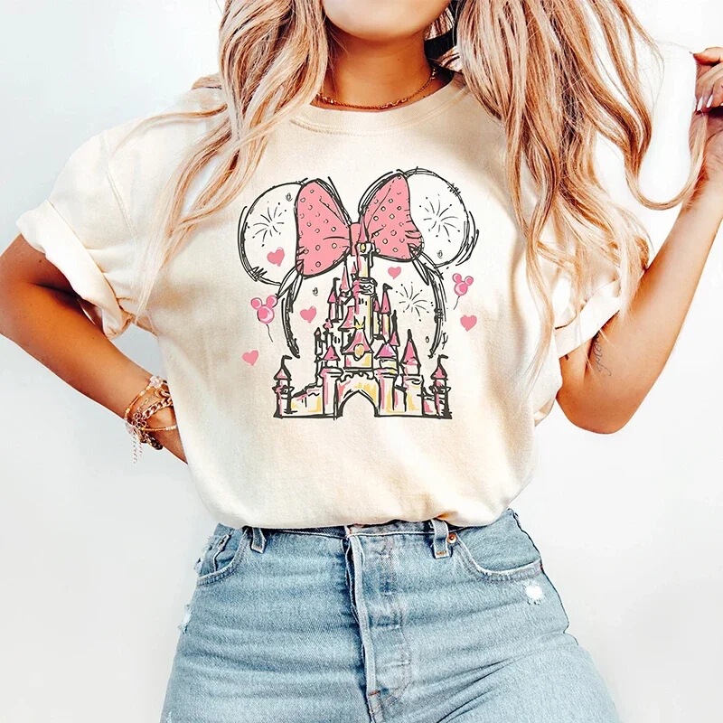 【Cross-Border European Size】Minnie Mouse Castle Shirt Magic Court Print Women's Short Sleeve T-Shirt Retro Fashion 【Cross-Border European Size】Minnie Mouse Castle Shirt Magic Court Print Women's Short Sleeve T-Shirt Retro Fashion