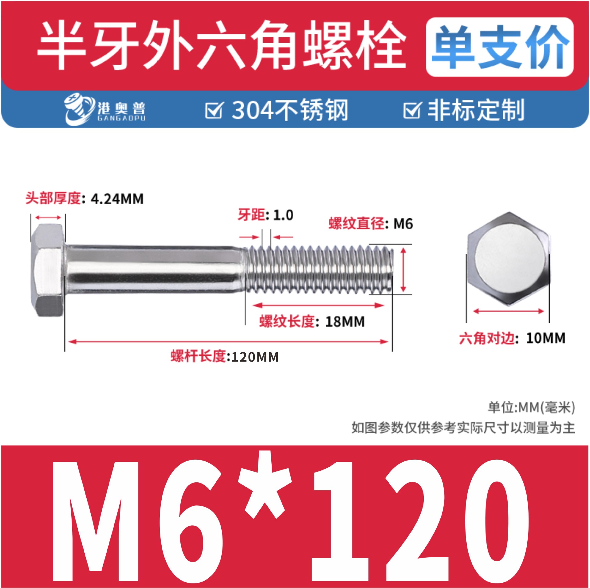 Tornillos hexagonales de media rosca, acero inoxidable 304