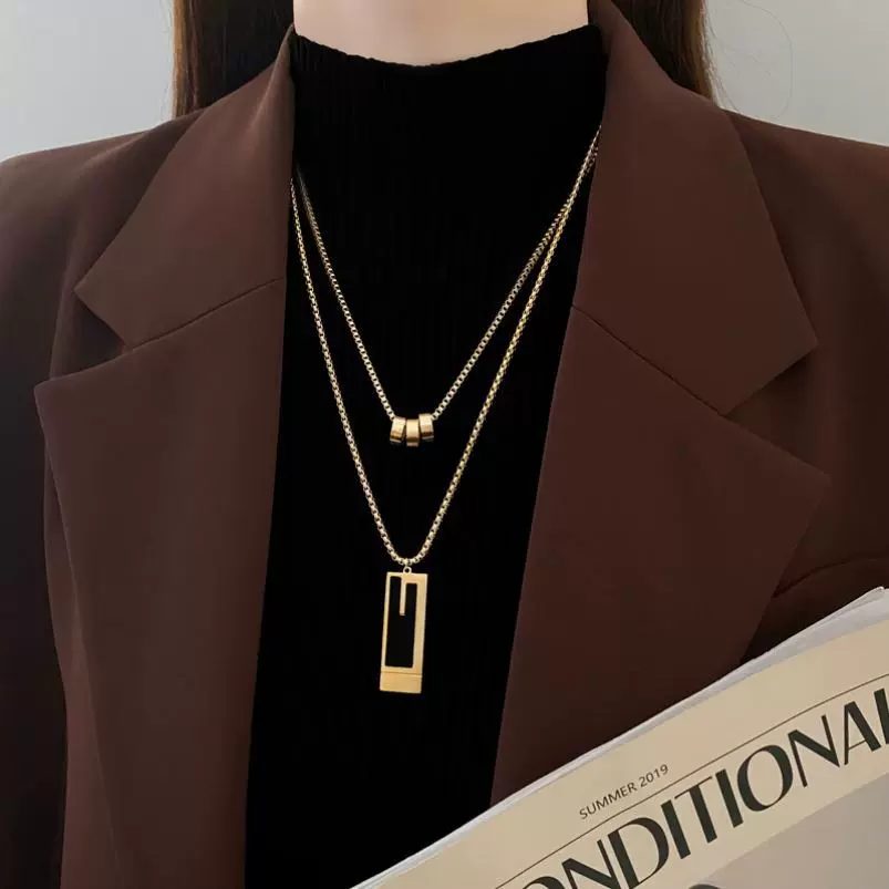 欧美跨境项链高级感双层毛衣链批发时尚钛钢项链新款百搭吊坠配饰