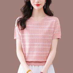 2025 新しい半袖 Tシャツルーズ痩身西洋スタイルママシャツ女性の夏のストライプジャカードアイスシルクセーター