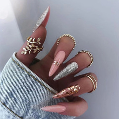 Long-point flash leopard print nail art gold foil line leopard spot hot girl Western and American Instagram wear nail 24 pieces box set