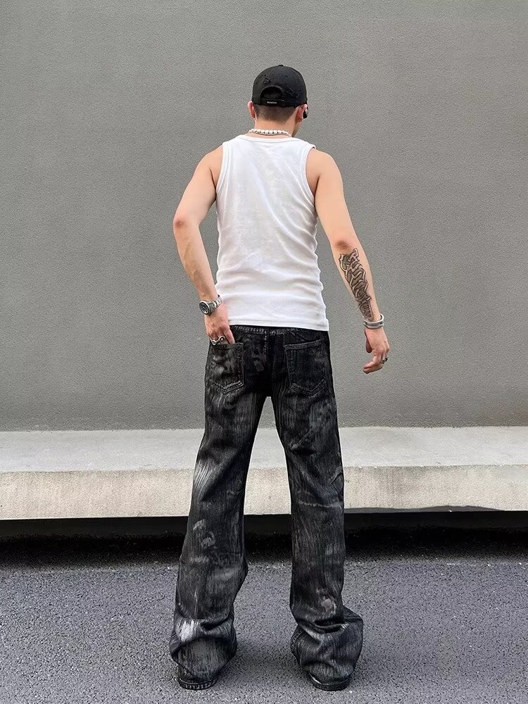 Men's Retro Distressed Flared Jeans High Street Style Loose Fit Zipper Design Cool And Edgy Long Pants_mkmklike.com