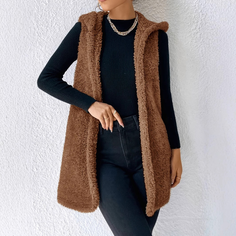 European and American Women's Coat New Casual Solid Color Autumn and Winter Plush Hooded Top Jacket Vest Jacket Cardigan