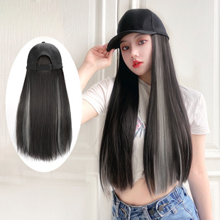 Women's long hair natural Net Red Cross-border when the wig hat is integrated for color gradient black long straight new full head cover