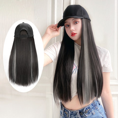 Wig and hat all in one, women's long hair natural internet celebrity cross-border special supply color gradient black long straight new full headgear